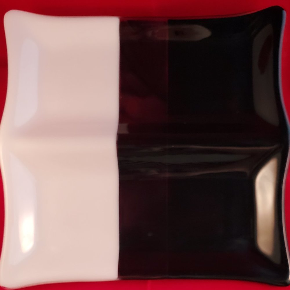 Black and White Art Glass Trinket Dish with Two Sections